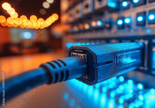 Connecting the Digital World: Close-up shot of a network cable plugged into a server. photo