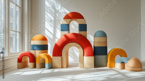 Colorful building blocks arranged creatively near a window with soft natural ...