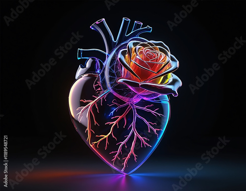 Valentine's Elegance: Semi-Realistic Heart with Rose in Glassmorphism photo