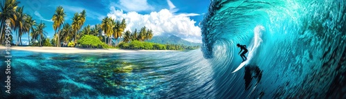 Surfer Riding a Massive Wave Near Tropical Island Coastline