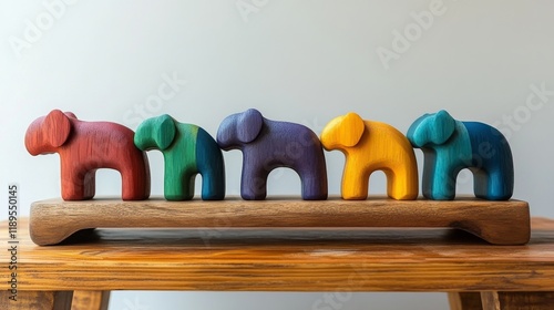 Colorful wooden bear figurines arranged on a wooden board with flowers in a v...