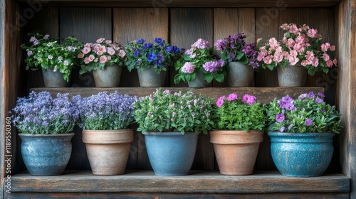 Colorful display of blooming potted flowers on rustic wooden shelf at garden ...
