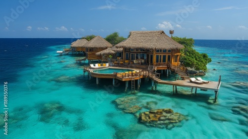 Luxurious oceanfront resort with thatched roofs and stunning turquoise waters...