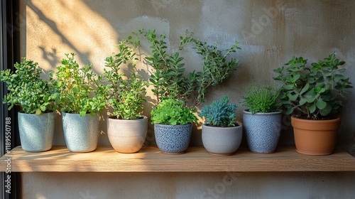 Potted herbs on wooden shelf against rustic brick wall in cozy indoor setting