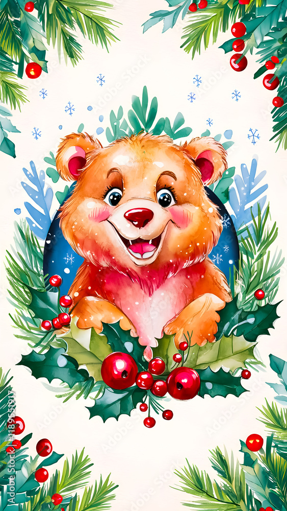 Naklejka premium A cheerful cartoon bear surrounded by holiday greens, red holly berries, and snowflakes, embodying festive joy.