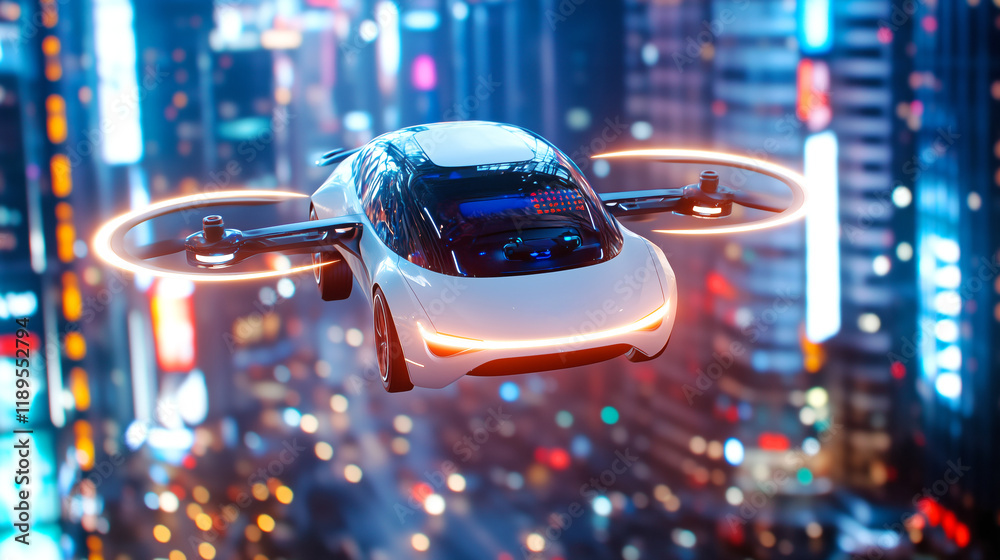 Futuristic flying car soaring over a neon cityscape at night Futuristic flying car soaring over a neon cityscape at night