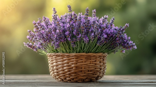 Lavender plants in a woven basket on a table with a natural green background
