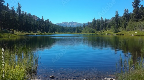 Serene lake surrounded by mountains reflects a clear blue sky on a tranquil d...