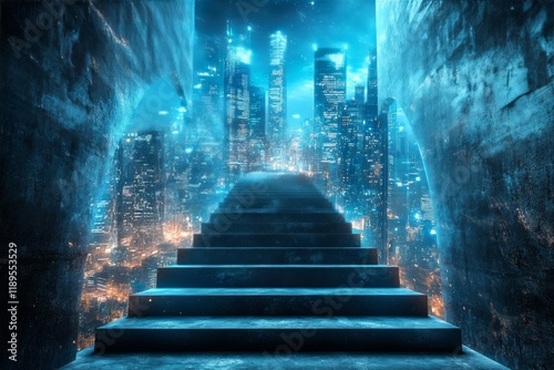 Stairway leading to a futuristic city illuminated by blue lights during twilight