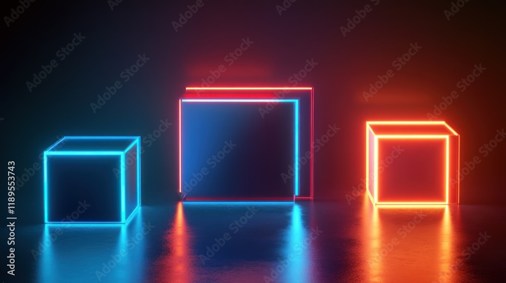 Three glowing neon cubes in vibrant blue and red light on a dark studio background. Three glowing neon cubes in vibrant blue and red light on a dark studio background.