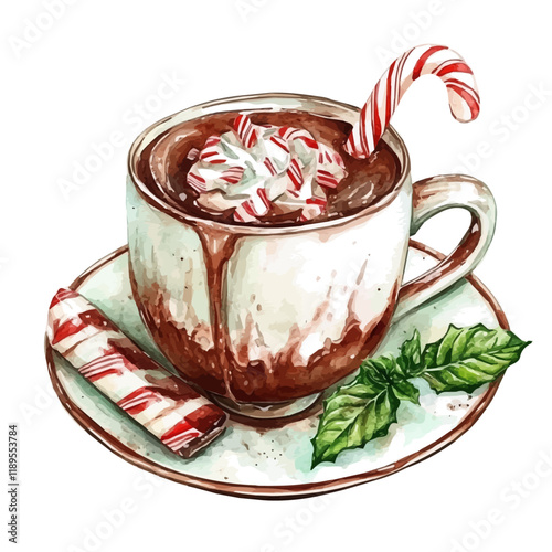 A watercolor vector painting of a Peppermint Hot Chocolate, isolated on a white background. Peppermint Hot Chocolate vector.

