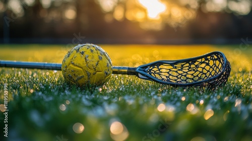 Lacrosse ball and stick resting on dew-covered grass at sunset in a vibrant f...