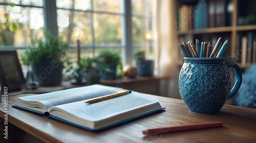 Open book on a wooden desk surrounded by plants and stationery in a cozy work...