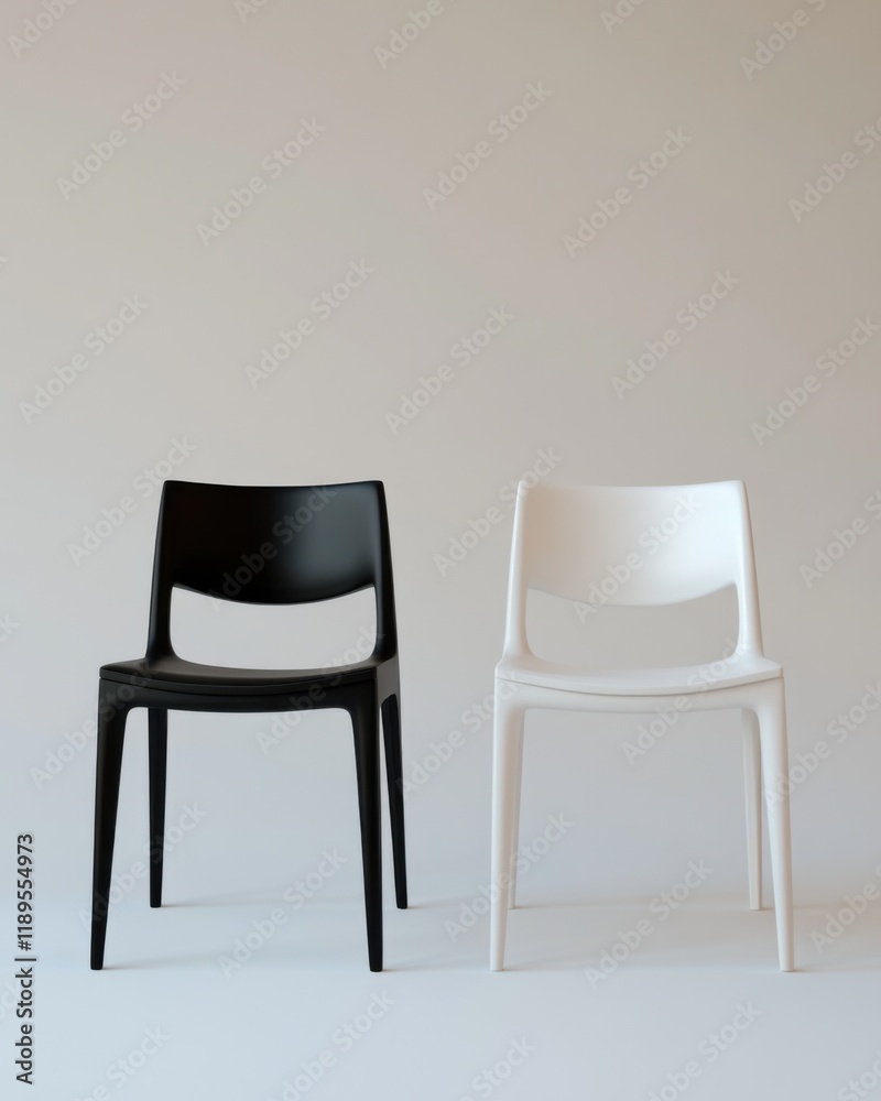 Obraz premium Two identical chairs, one black and one white, sit side by side against a neutral backdrop, representing unity and diversity in the celebration of Black History Month, fostering inclusion