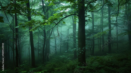 a tranquil forest glade bathed in the gentle light of dawn, with dew-kissed leaves and the sound of birdsong filling the air, white space in the center of the page for text