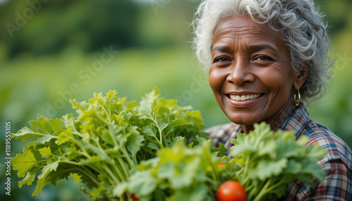 Elderly african american woman in agriculture holding harvest in hands under bright sunlight. photo