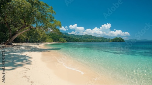 Serene tropical beach with turquoise water and lush mountains on a sunny day