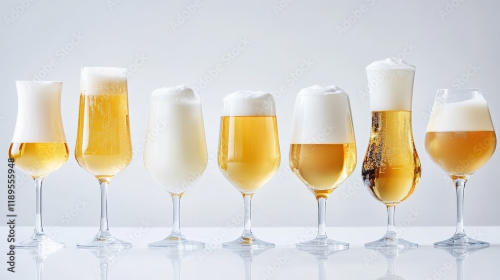 different beer glasses with head on white background different beer glasses with head on white background