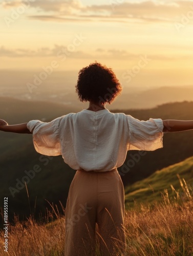 A powerful African American woman stands with arms open wide on a hilltop as the sun sets, embracing the beauty of nature and celebrating her heritage during Black History Month