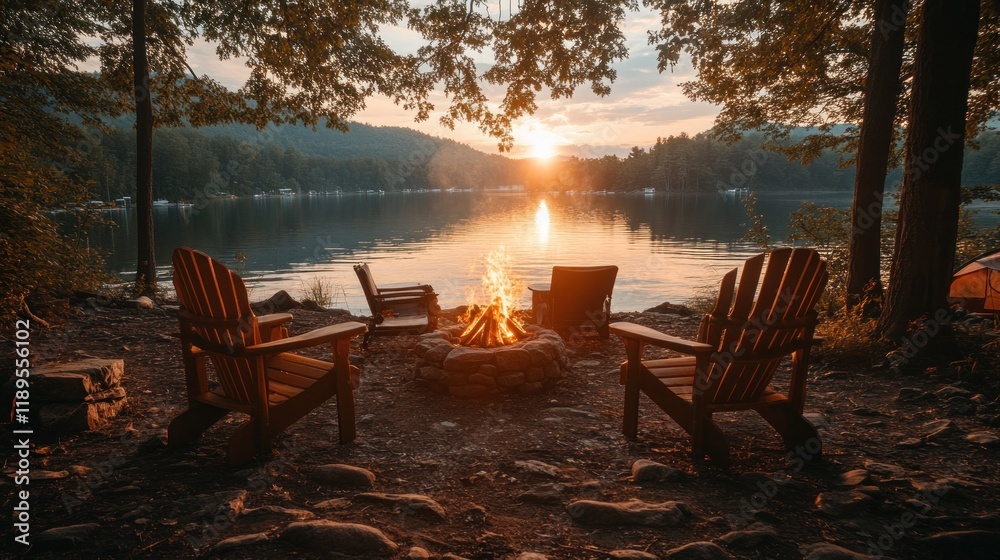 Fototapeta premium Sunset campfire scene by a lake with Adirondack chairs.