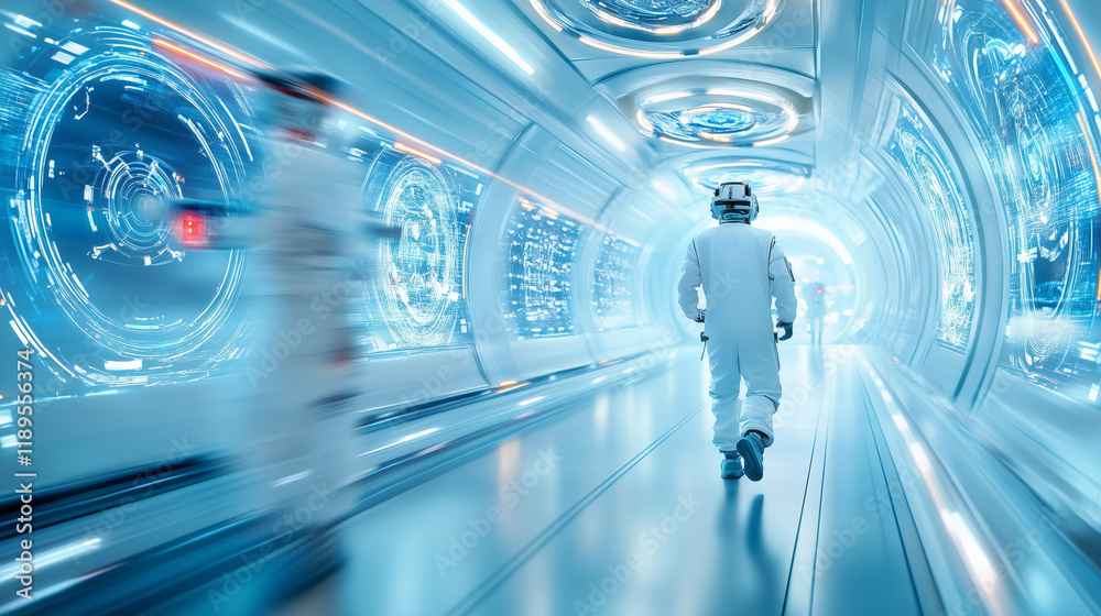 Astronaut walking through a futuristic corridor in space Astronaut walking through a futuristic corridor in space