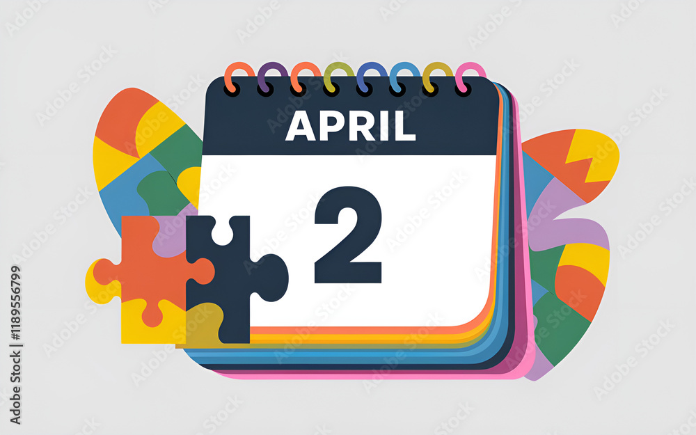 Fototapeta premium Calendar showing April 2 with colorful puzzle pieces in the background, symbolizing Autism Awareness Day, unity, and inclusion, conceptual illustration.