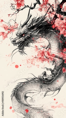 Majestic black dragon entwined with vibrant red cherry blossoms, artistic watercolor style.