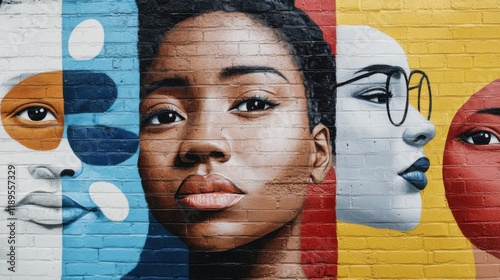 Colorful murals on a brick wall commemorate Black History Month, featuring striking portraits that celebrate diversity and cultural heritage through art and expression photo