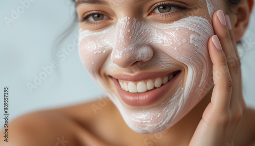 Smiling Caucasian woman with cream on her face, enjoying her skincare and beauty routine photo