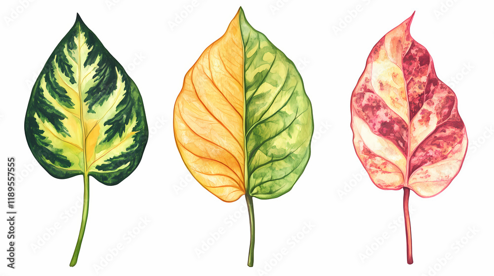Obraz premium Set of tropical leaves collection on white background. Leafglow. Illustration