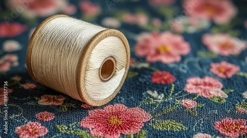 Elegant spool of thread resting on a floral embroidered fabric in a cozy work...