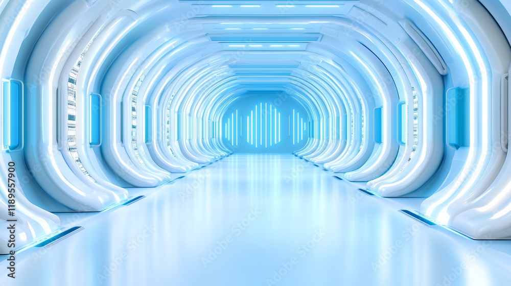 Fototapeta premium Futuristic hallway with blue lights and sleek design