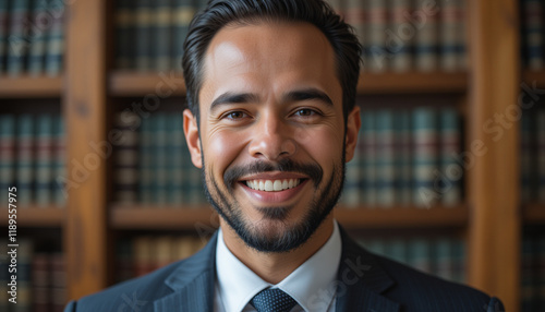 Smiling lawyer in a professional suit, demonstrating legal confidence and approachability photo