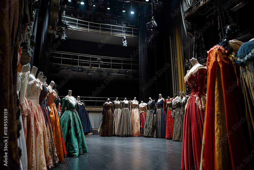 Naklejka premium Clear Theater Setup with Costumes Ready for Performance Prep