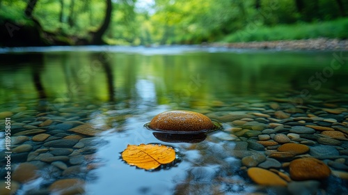 Natural river landscape with engraved stone near flowing water in a serene fo...