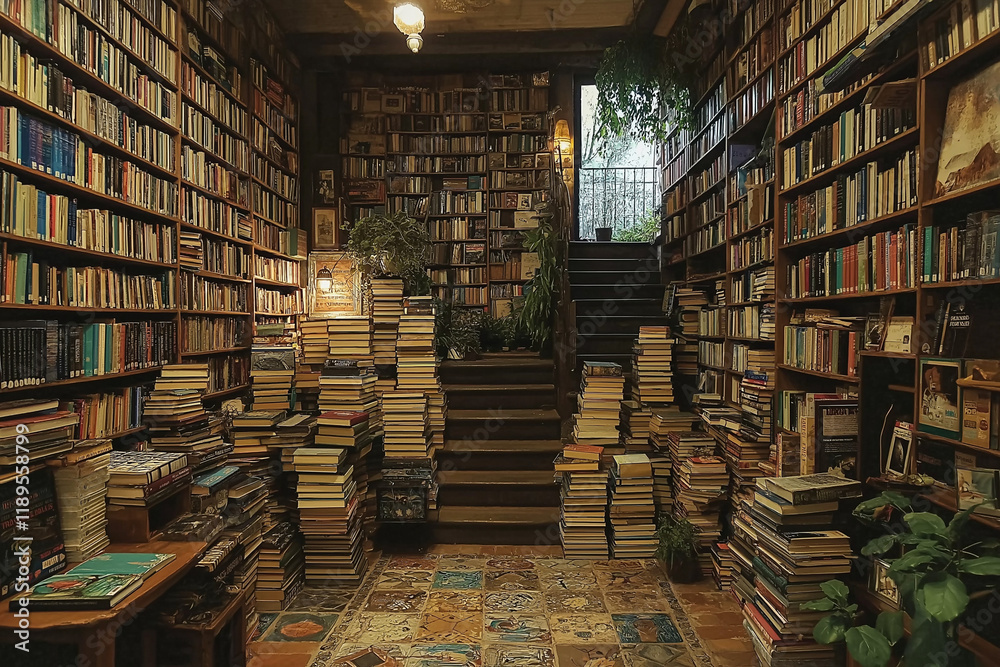 Obraz premium Cramped Library Space Utilizing Vertical Stacking Shelves