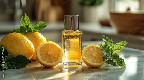 Fresh mint and lemon arranged with a cosmetic bottle on a marble surface
