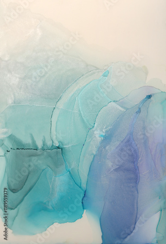 Smoke Glow texture alcohol ink, watercolor wave painting flow blot. Abstract nacre silver, violet blue stain on beige background.