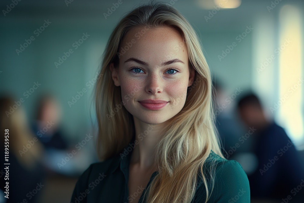 Fototapeta premium Portrait of an attractive blonde woman with long hair wearing a green shirt, smiling in the office.