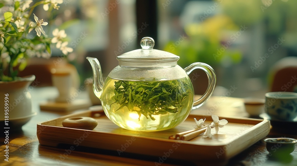 Glass teapot of green tea leaves on wooden tray, sunlight. Glass teapot of green tea leaves on wooden tray, sunlight.