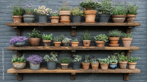 Colorful flower pots arranged on wooden shelves against a blue wall in a gard...