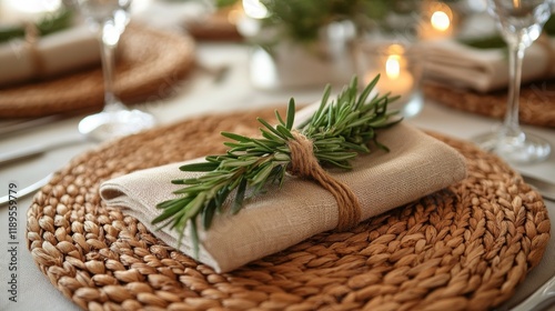 Elegant table setting with fresh herbs and woven placemats for a dining exper...