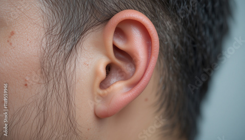 Close-up of a patient's ear during an otolaryngology examination for health analysis. Ear health photo