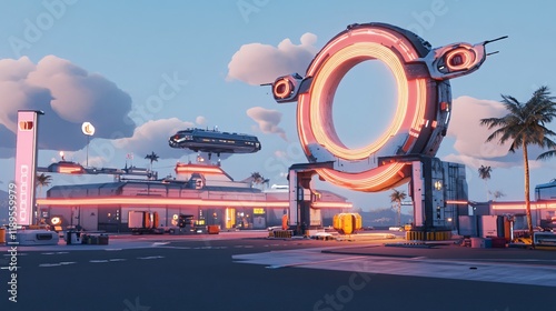 Futuristic Spaceship Port Neon Lights Sci-fi Scene