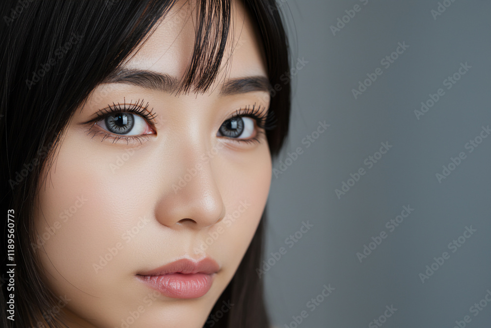 Fototapeta premium グレーのカラーコンタクトレンズをつけた女性、カラコン、メイク