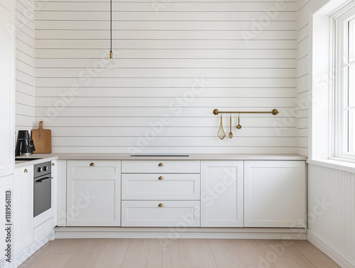 Horizontal Plank Design in a Bright White Kitchen