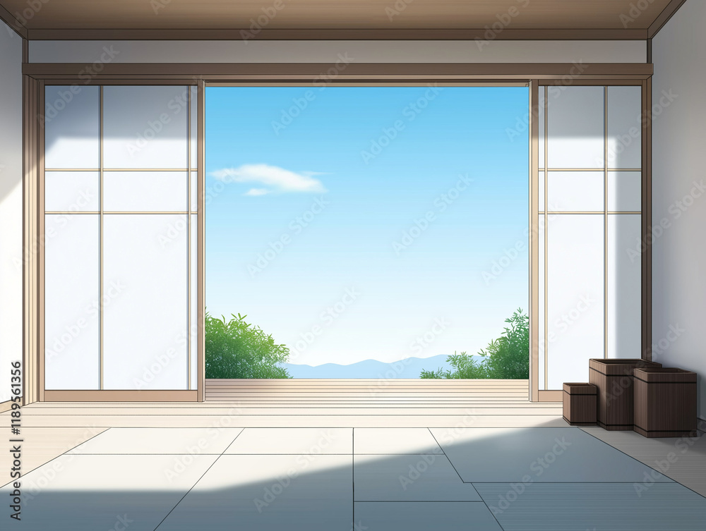 Fototapeta premium Traditional Tea House with Tea Chests Beside Bamboo