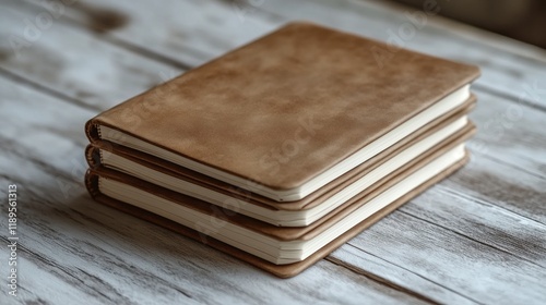 Stack of blank books on wooden table for creative writing or journaling