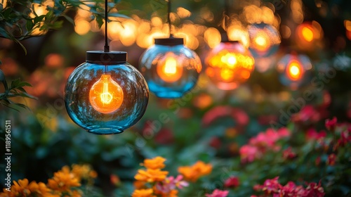 Colorful hanging lanterns illuminate a vibrant garden filled with blooming fl...