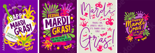 Bright Mardi Gras poster with a mix of bold typography, playful colors, and festive decorations to celebrate the carnival spirit. photo